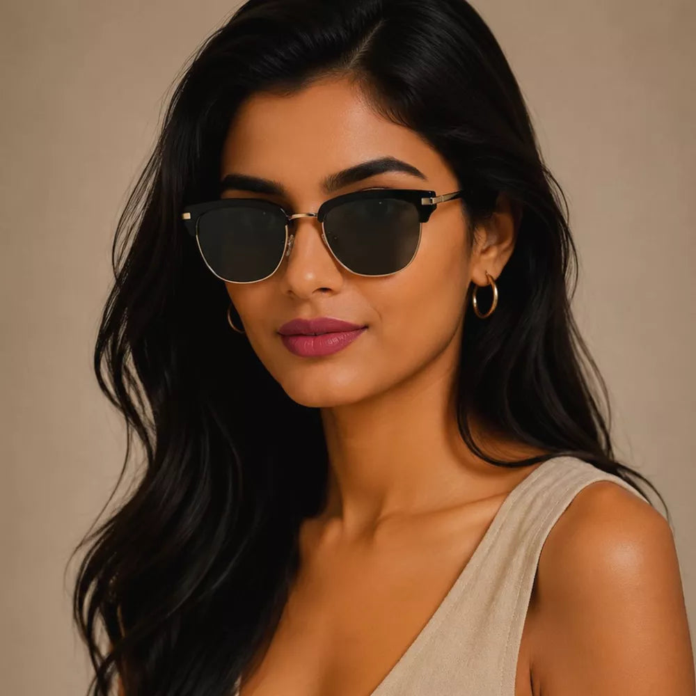 Classic Clubmaster Sunglasses With Gold Accents in Black, front view