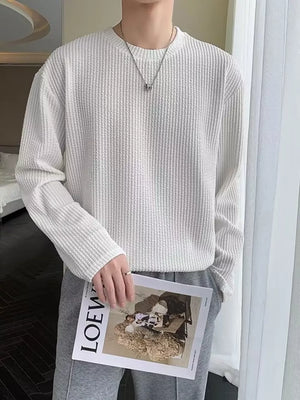 Men's Plus Size Textured Knit Long Sleeve T-shirt in Black, model styling view