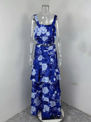 Ruffled floral two-piece set in Light Indigo with tiered skirt and ruffled crop top.