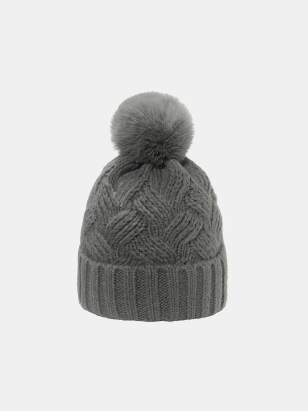 Gray cable knit beanie with pom and ribbed cuff