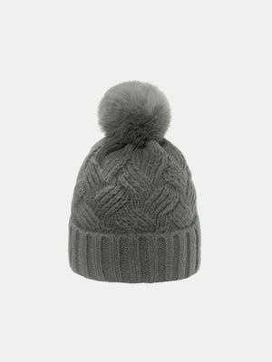 Gray cable knit beanie with pom and ribbed cuff