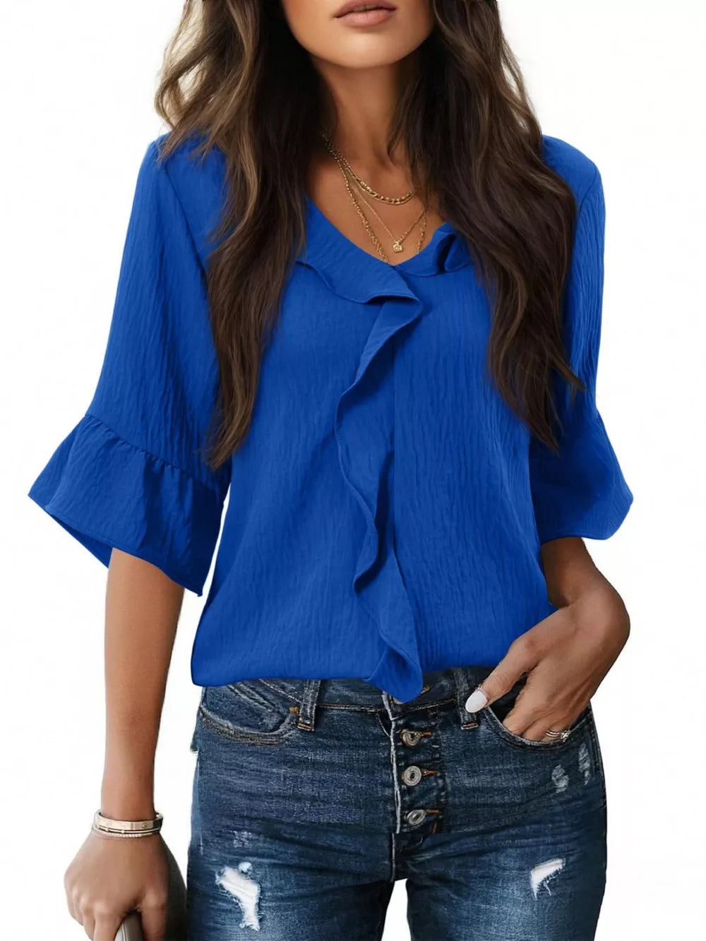 Blue maternity shirt with V-neck and cascading ruffles, 3/4 bell sleeves.