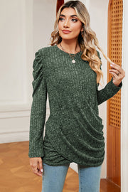 Textured dark green blouse with ruched drape detail and puff sleeves