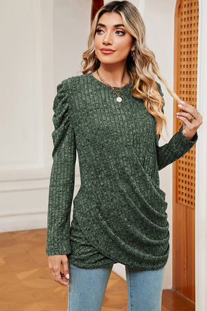 Textured dark green blouse with ruched drape detail and puff sleeves