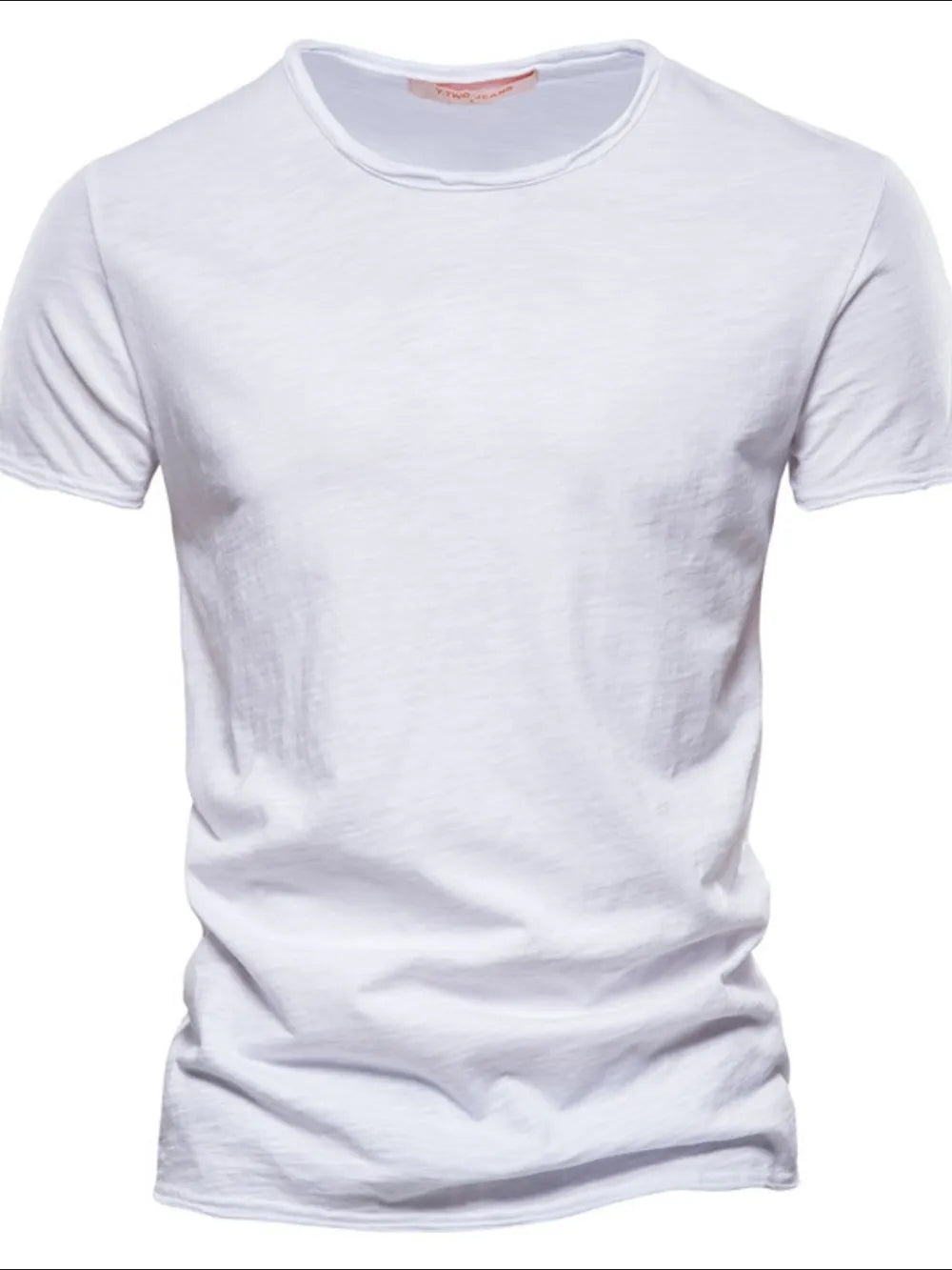 White slub cotton crewneck tee with textured fabric and short sleeves.