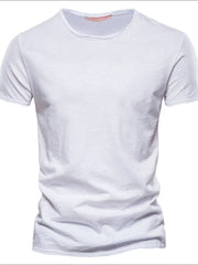White slub cotton crewneck tee with textured fabric and short sleeves.