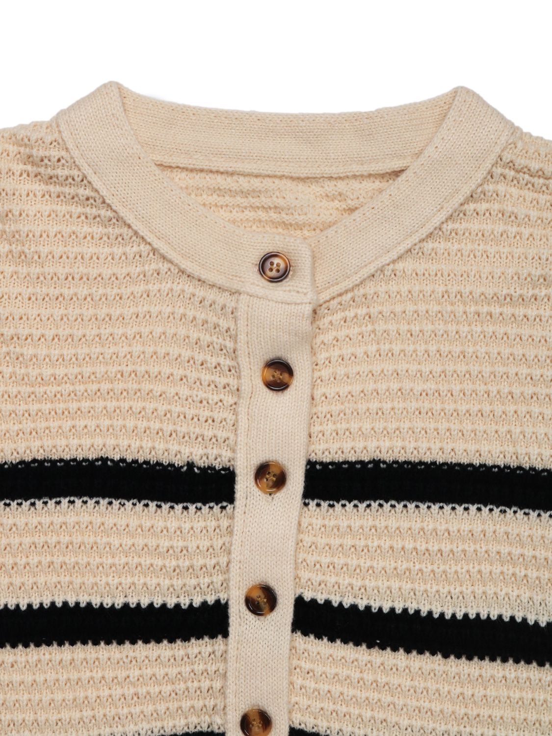 Waffle knit henley sweater in tan with black stripes and button front.