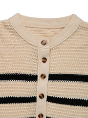 Waffle knit henley sweater in tan with black stripes and button front.