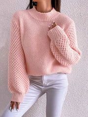 Textured puff sleeve mock neck knit sweater in Dusty Pink acrylic with waffle knit sleeves