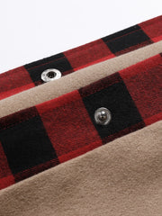 Plaid trimmed casual jacket in taupe with red and black buffalo check accents and silver snaps.