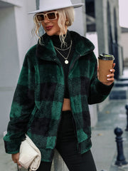 Green and black plaid sherpa zip-up jacket with a collared neckline.