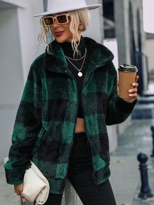 Green and black plaid sherpa zip-up jacket with a collared neckline.