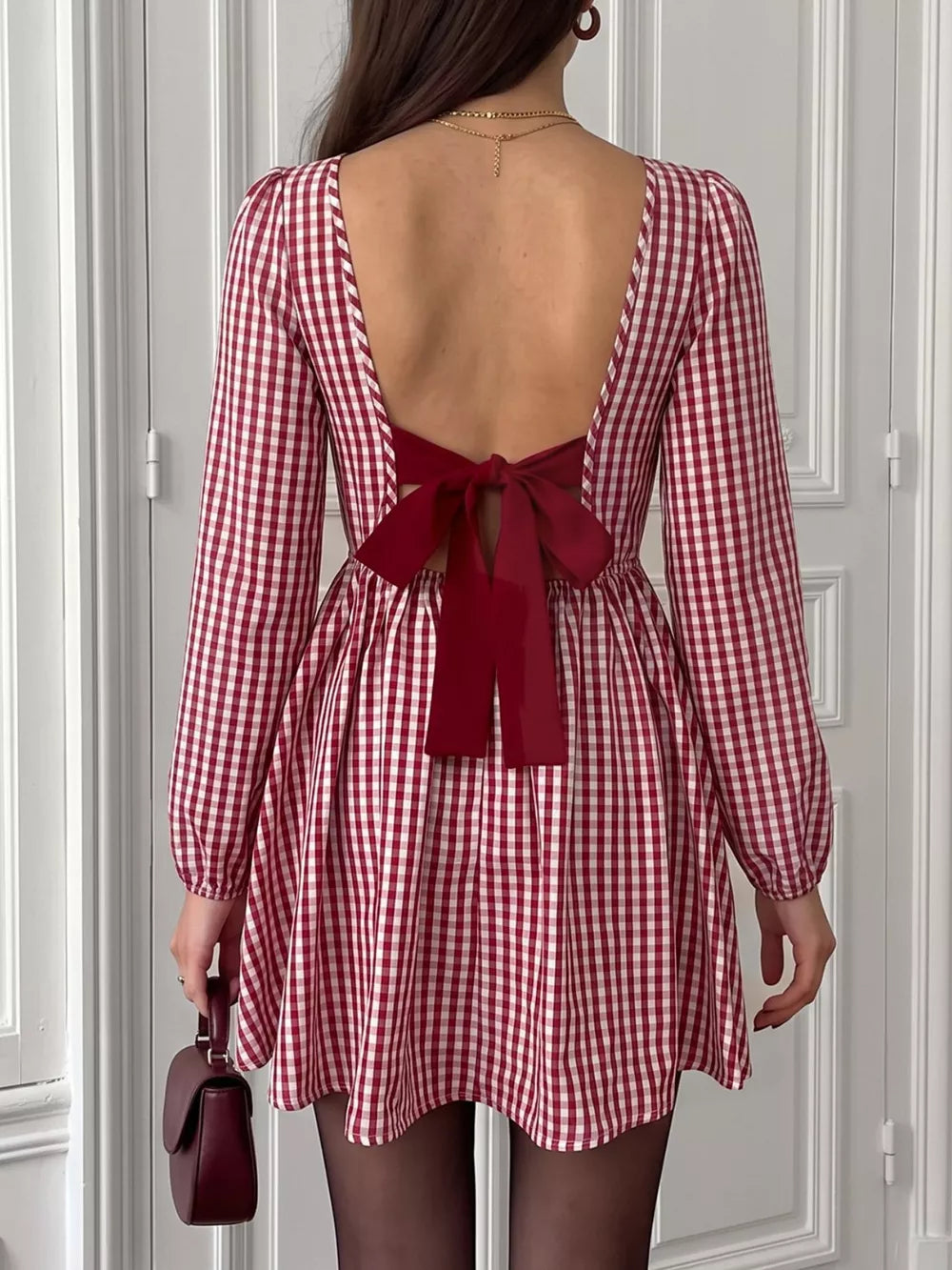 Backless Plaid Long Sleeve Mini Dress, fabric detail
