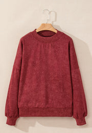 Acid wash mock neck sweatshirt in Deep Red with ribbed cuffs and hem.