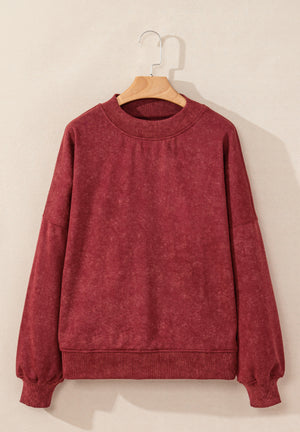 Acid wash mock neck sweatshirt in Deep Red with ribbed cuffs and hem.