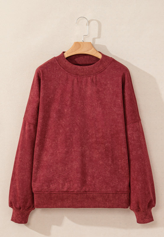 Acid wash mock neck sweatshirt in Deep Red with ribbed cuffs and hem.