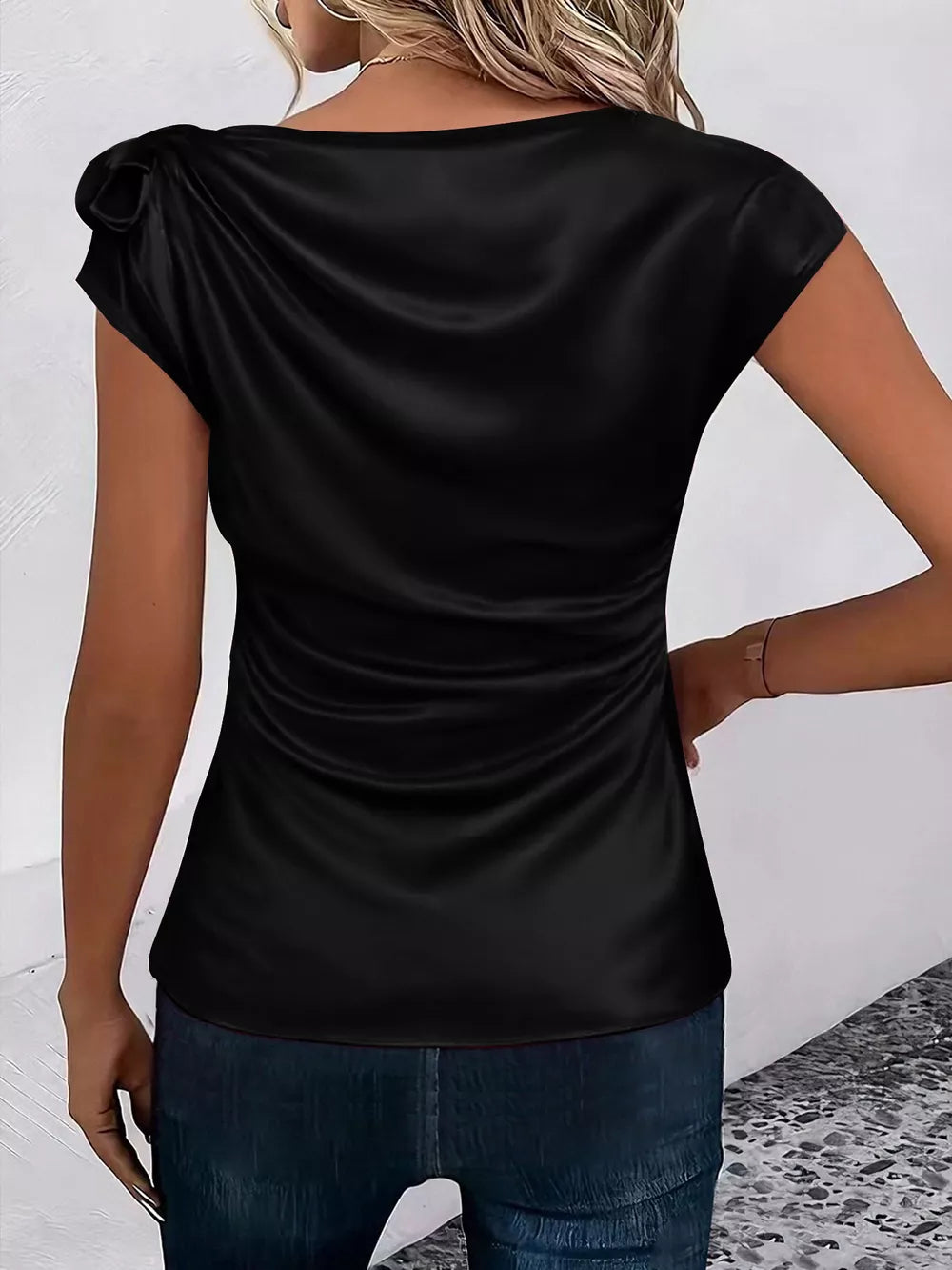 Ruched Short Sleeve Satin Top in Brown, side view