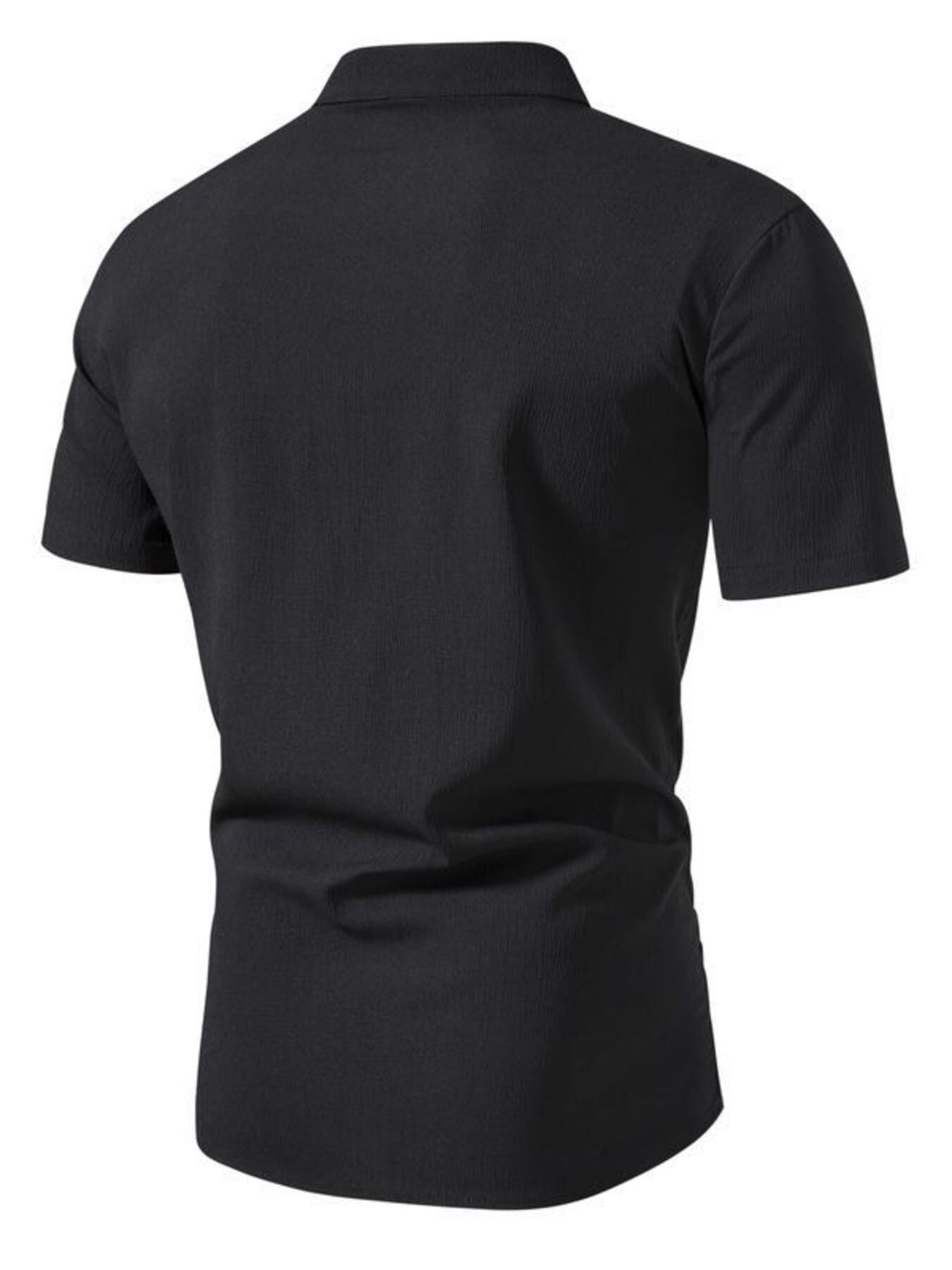Men's black short sleeve button-up shirt with textured fabric and band collar.