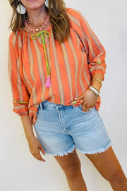 Stripe Tassel Tie Neck Cotton Blouse, close-up detail