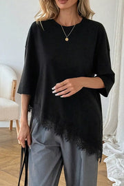Lace Asymmetrical Hem Round Neck T-shirt in Black, close-up detail