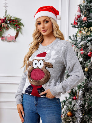 Light gray acrylic knit sweater with a festive reindeer graphic and snowflake pattern.