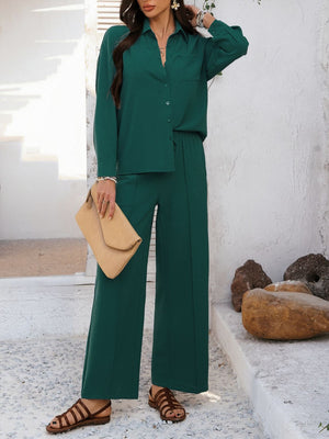 Dark green textured resort shirt and wide leg pants set with button front and pocket detail.