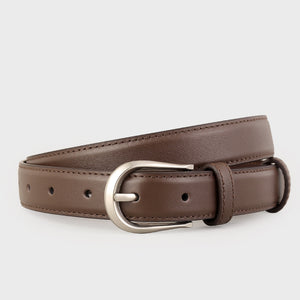 Classic brown leather belt with silver buckle and stitched detail.