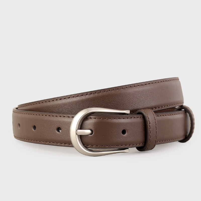 Classic brown leather belt with silver buckle and stitched detail.