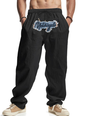 Black drawstring sweatpants with motorcycle graphic for men