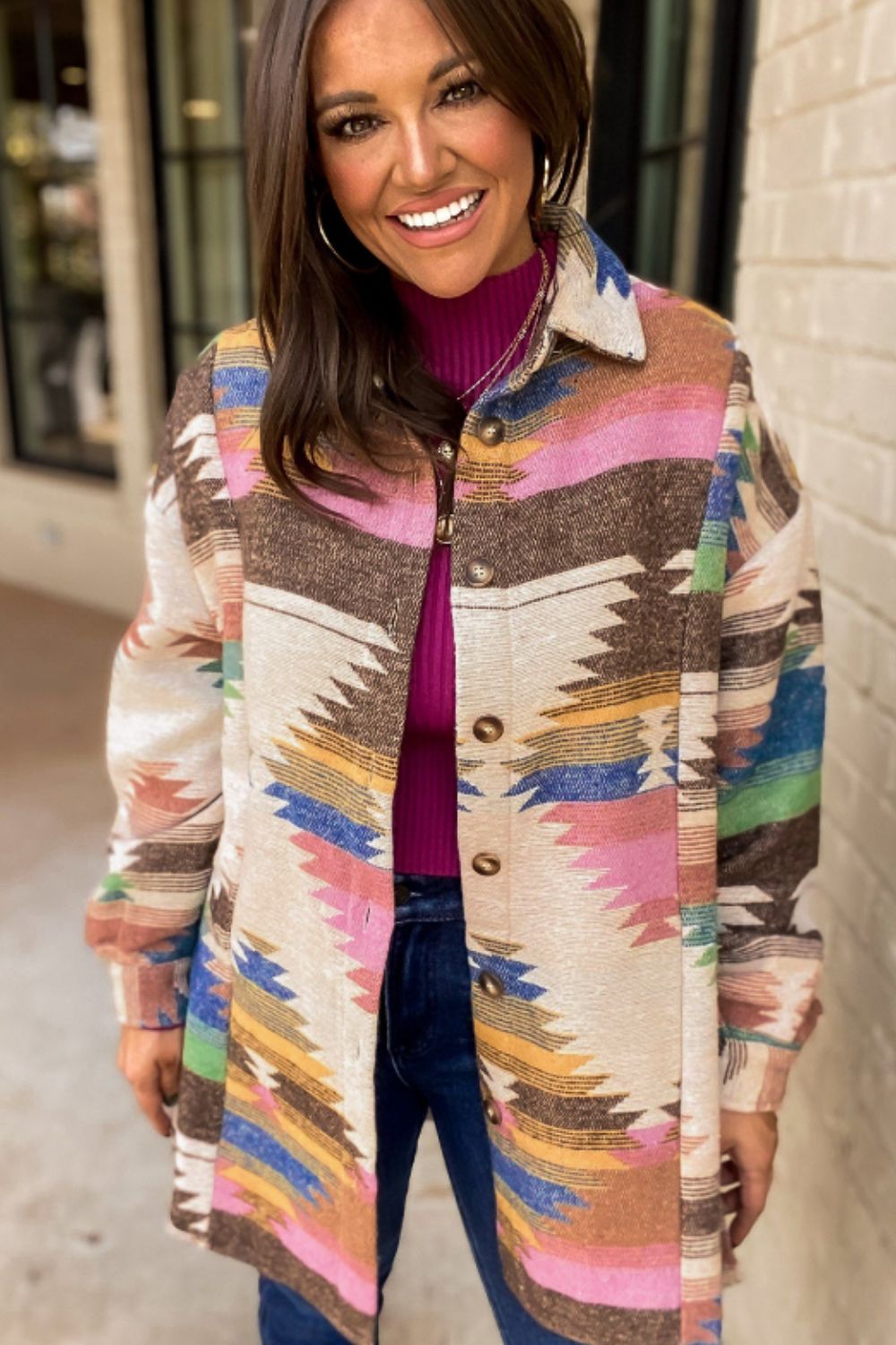 Southwestern print shirt jacket in beige with button front and collar.