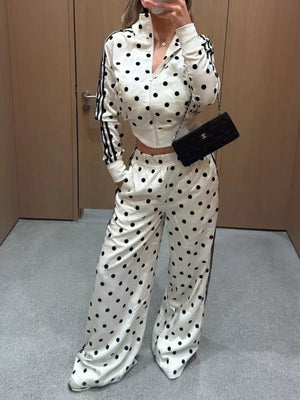Polka Dot Zip Up Outerwear And Pants Set in Black, side view