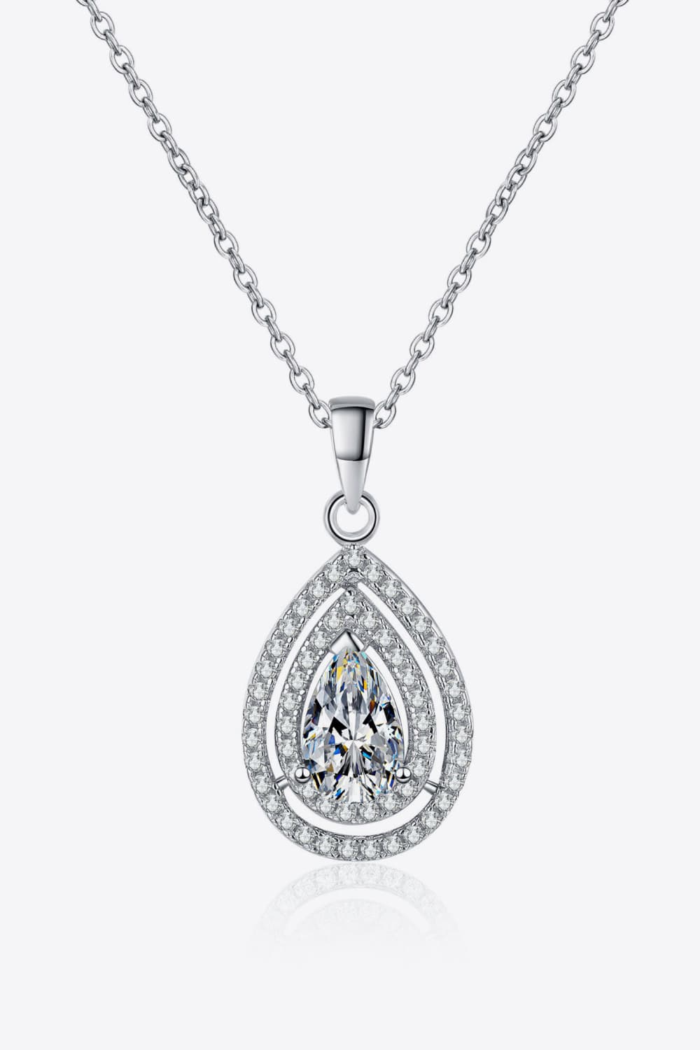 Silver double halo teardrop necklace with moissanite and 925 sterling silver chain.