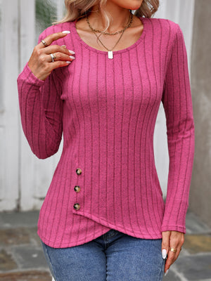 Deep Rose ribbed knit top with round neck and button detail on asymmetric hem