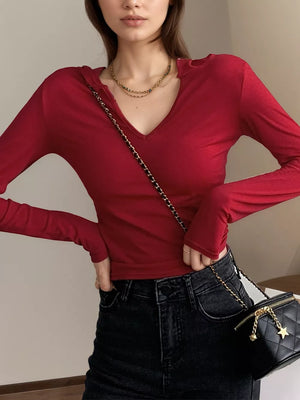 V-neck Long Sleeve Slim Fit T-shirt, close-up detail