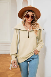 Cream wide collar zip-through sweatshirt with a relaxed fit and long sleeves.