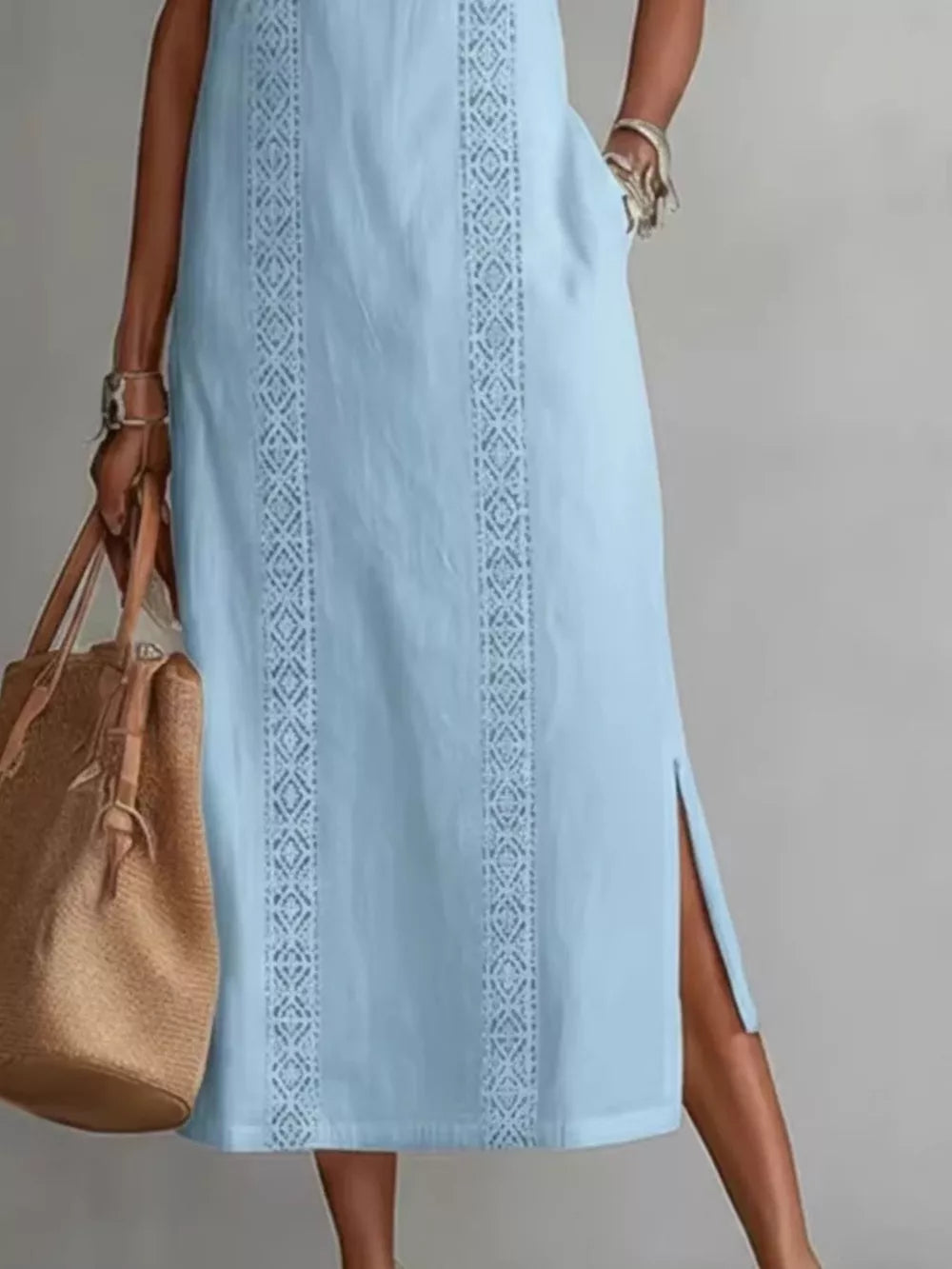 Sleeveless Lace Trim Midi Dress Plus Size, fabric detail