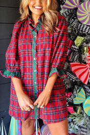 Plaid Ruffle Cuff Button Front Mini Dress in Deep Red, front view