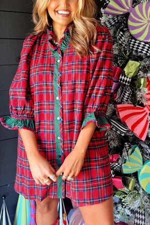 Plaid Ruffle Cuff Button Front Mini Dress in Deep Red, front view
