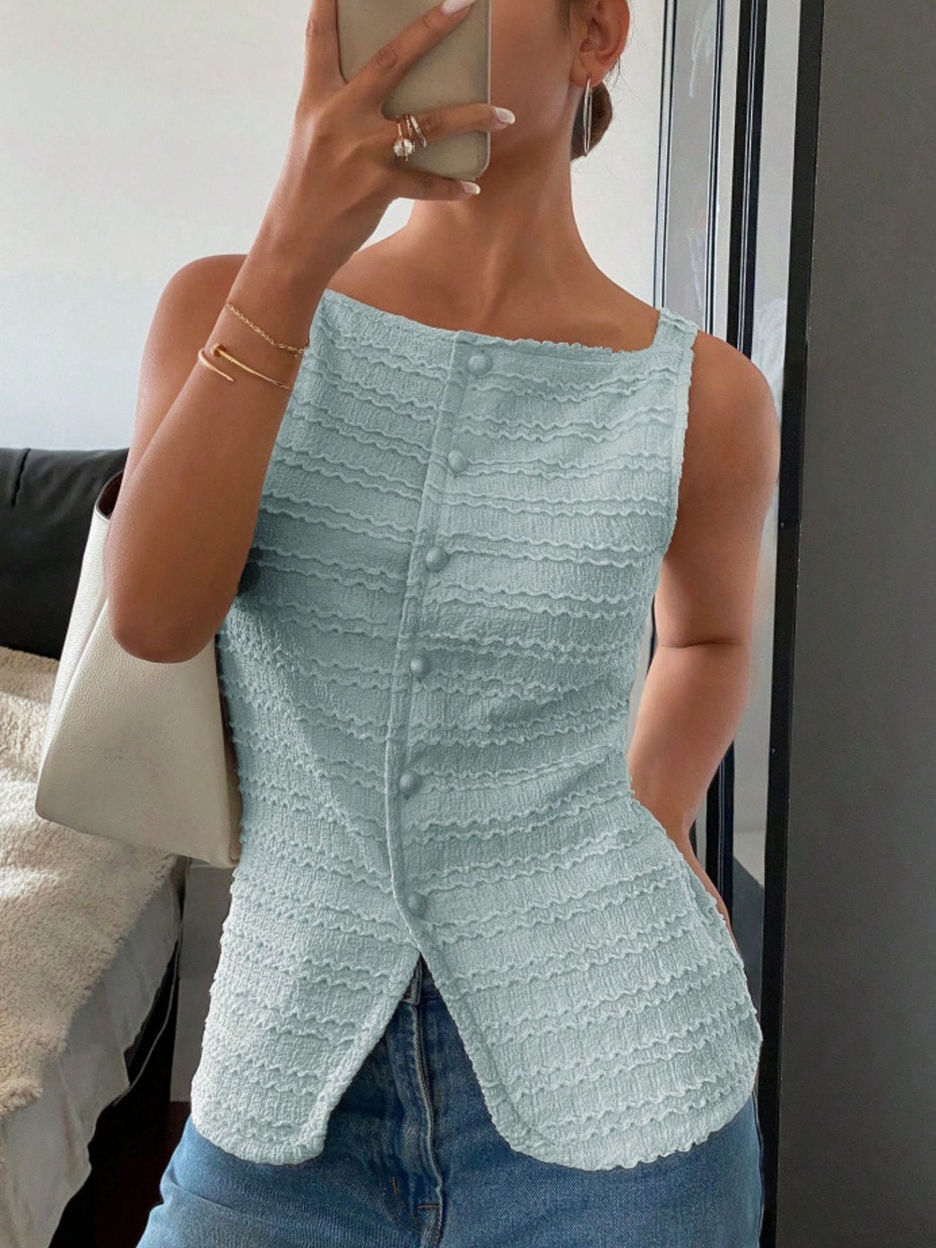 Light blue wavy textured button-front tank top with square neckline