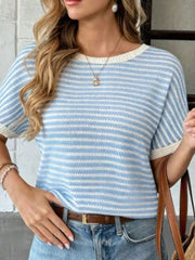 Striped Knit Relaxed Fit T-shirt in Blue, view 11