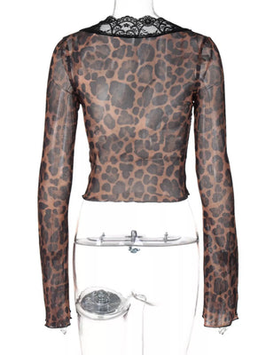 Leopard print sheer long sleeve t-shirt with black lace trim neckline.