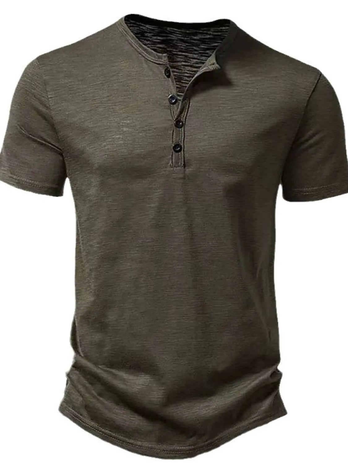 Army green textured henley tee with short sleeves and a button placket.