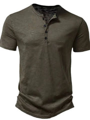 Army green textured henley tee with short sleeves and a button placket.