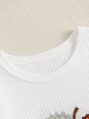 White ribbed cotton baby bodysuit with apple embroidery detail.