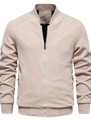 Textured knit bomber jacket in taupe with zip front and faux shearling collar detail.