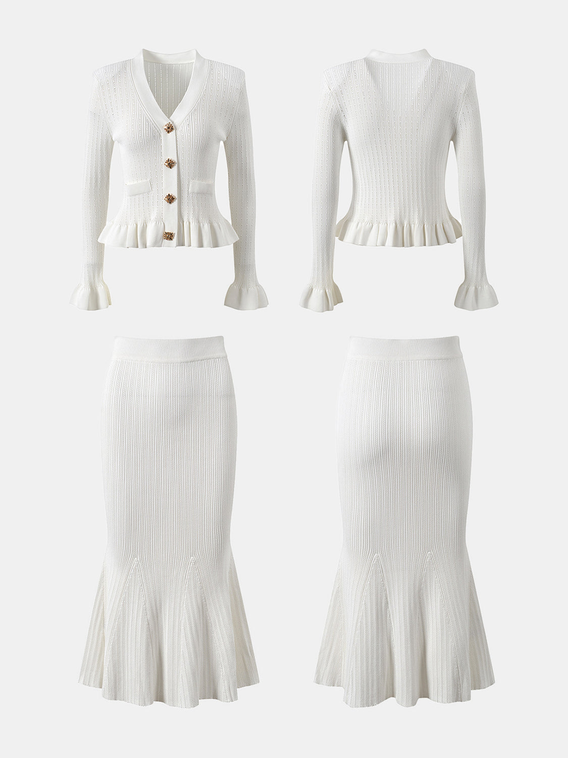 White knit cardigan with ruffled hem and bell sleeves, paired with a matching mermaid skirt.