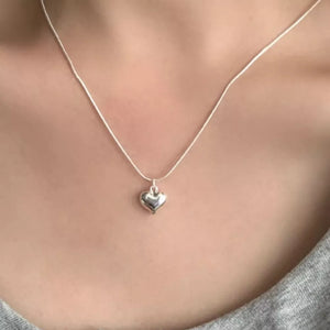 Sleek sterling silver heart pendant necklace on a delicate chain.