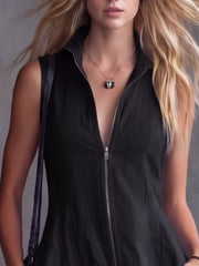Black sleeveless high-low ruffled dress with zipper neckline and collar.