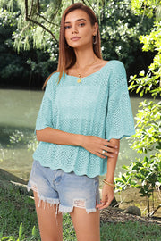 Aqua open-knit top with scalloped sleeves and hem, featuring a boat neckline.