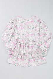 Blush pink floral print blouse with smocked waist and cuffs
